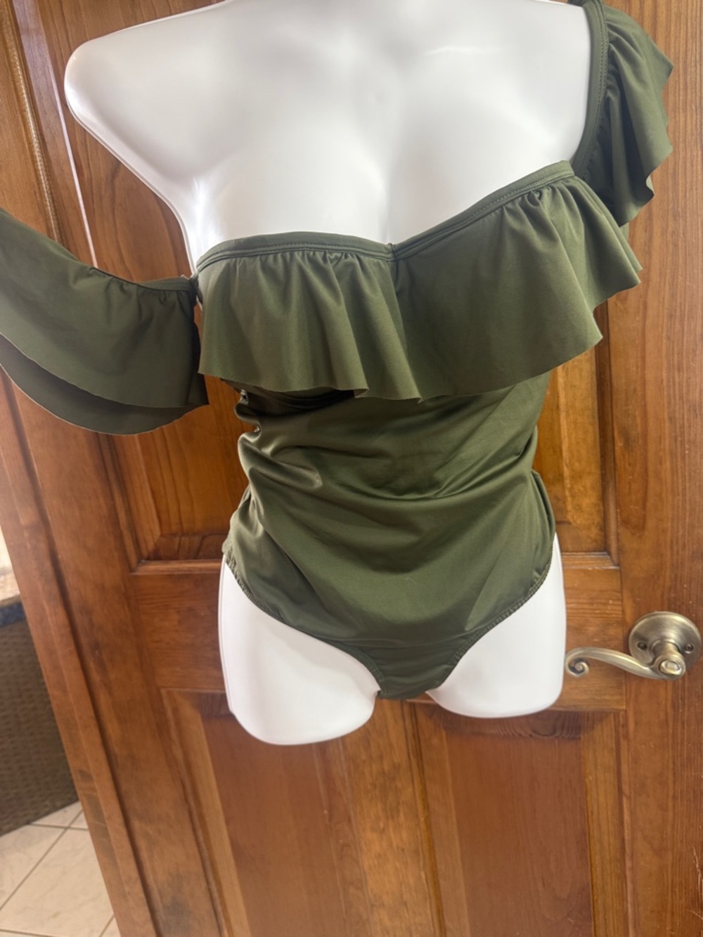 Off-Shoulder Ruffle One-Piece Swimsuit in Olive